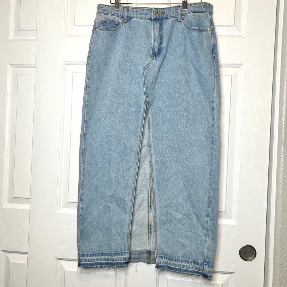 Edikted Light Wash Denim Maxi Skirt Front Slit Raw Hem Size XL